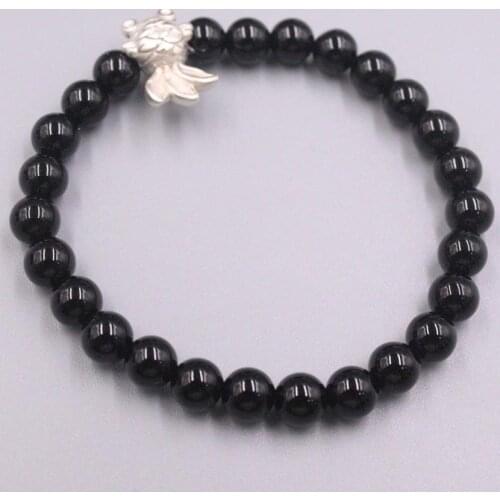 Real 925 Silver Bracelet For Women Girl Red Agate Black Agate 6mm Goldfish Lucky Beads Bracelet 16-19cmL Gift