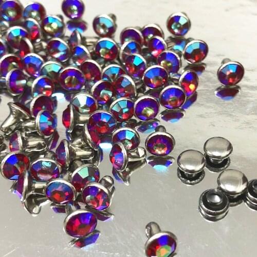 New 4MM 50Sets CZ++ Light Siam Crystal AB Plated Rivets Silver Plated Studs Assorted Cabochon Rivets Fit for Leather-Craft