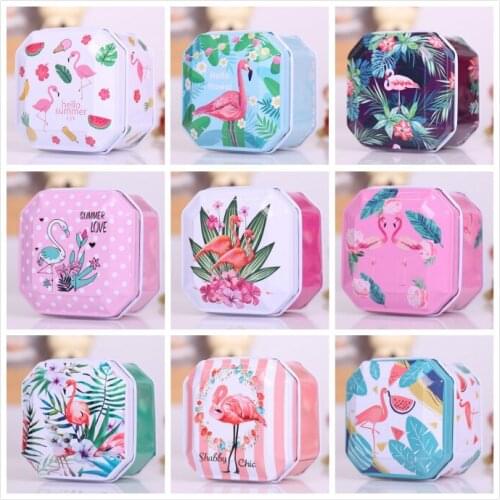 New Exquisite Flamingo Octagon Iron Box Tea Sugar Coffee Coin Storage Box Sundries Container Case Wedding Party Gift Box