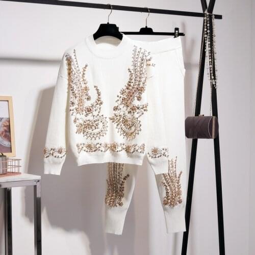 Autumn Womens Beads Embroidery Knitwear Sweater Knitting Pants Two Piece Knitting Set Female Plus Size Sweater Set winter 2021