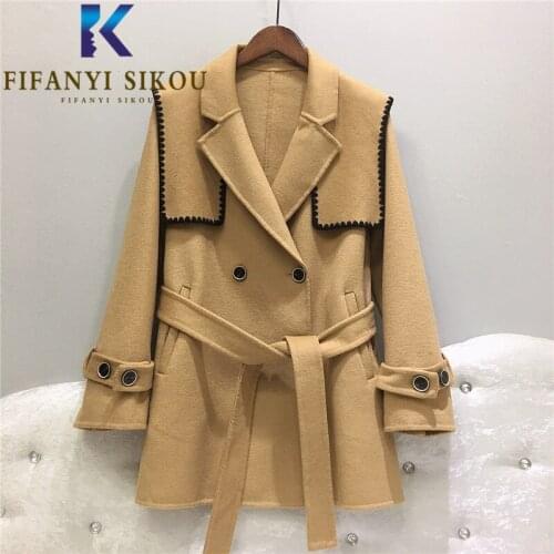 Camel Wool Coat Women 2021 New Double Breasted Fashion Lace Up Lapel Woolen Coat Female High Quality Loose Winter Warm Overcoat