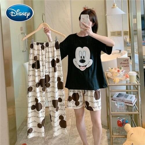 Cartoon Mickey Pajamas Womens Summer Short-Sleeved Trousers Shorts Cute Printing Round Neck Three-Piece Home Cloth Suit