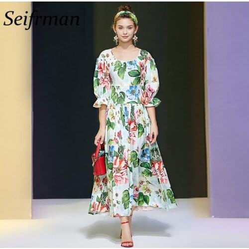 Seifrmann Women Fashion Summer Designer Holiday Long Dress Lantern Sleeve Floral Print High Waist Bodycon Ladies A-Line Dresses