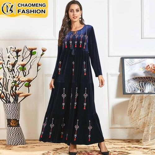 Latest Plus Size Dress Autumn and Winter Womens Ethnic Embroidery Long-Sleeved Navy Blue Color Casual Gold Velvet Dress Robe