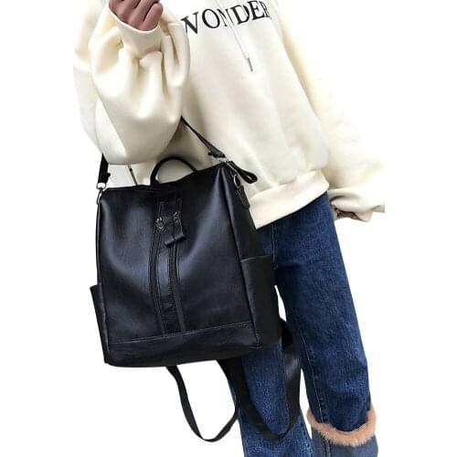 Fashion Womens Backpack PU Leather Travel Handbag Shoulder Bag Black Satchel Ladies Backpacks Simple Zipper Bag