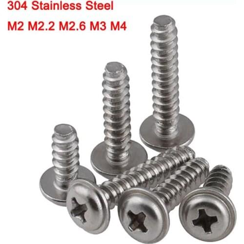 50pcs 304 Stainless Steel Cross Flat Tail Self Tapping Screw Bolts Round Head Screws With Pad M2 M2.2 M2.6 M3 M4