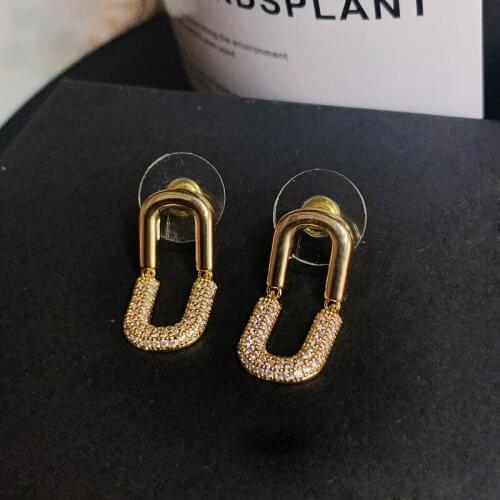 AAA+ Quality S925 Silver Post Gold Color Pave Top Zircon U Shape Chain Link Style Stud Earrings For Women