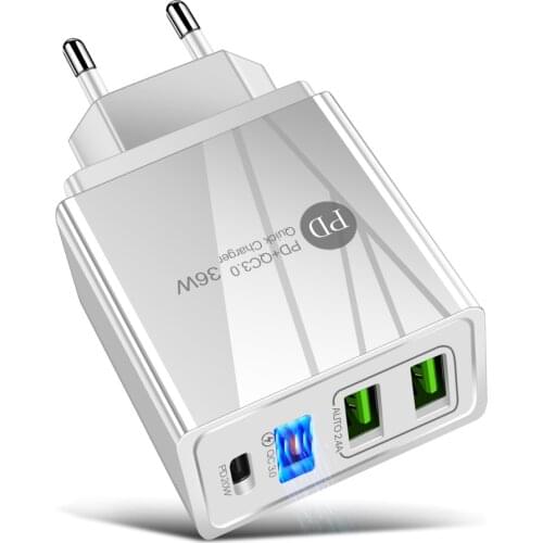 PD QC3.0 Quick Charge Adapter Universal Phone Charger 36W 3A Fast Charging 3 Ports USB Travel Wall Chargers For iphone Samsung