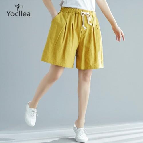 Women Shorts Summer cotton linen Trousers feminino Womens Elastic Waist Office Lady Loose plus size Casual Shorts with Pocket