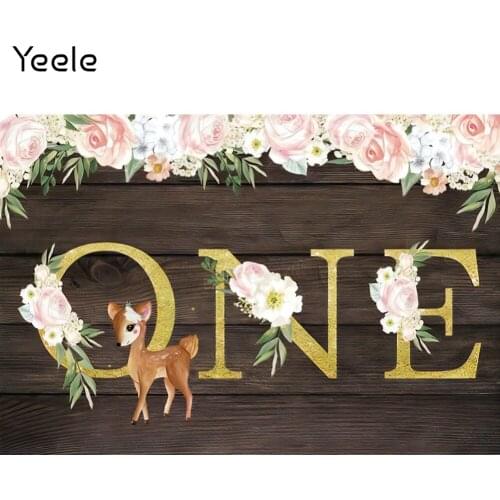 Yeele Baby One Birthday Backdrop Party Decor Photocall Wood Plank Flower Deer Background Prop Photo For Photography Studio Shoot