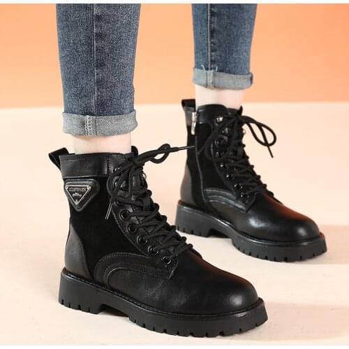 OUKAHUI New 2020 British Style Autumn Genuine Leather Mid Calf Boots Woman Lace-Up Winter Square Mid Heel Ladys Black Boots Shoe