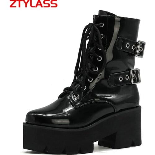 Black Platform Women Boots Patent Leather Thick High Heel Ankle Boots Lace Up Fashion Zipper Boots Autumn Winter Shoes 2021