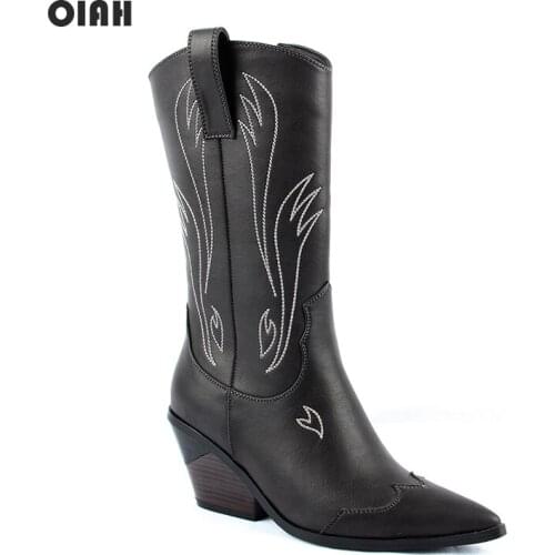 2019 Autumn High Quality Handmade Embroidery Rodeo Western Cowboy Boots Women Leather Cowgirl Boots Woman Mid-Calf Riding Boots