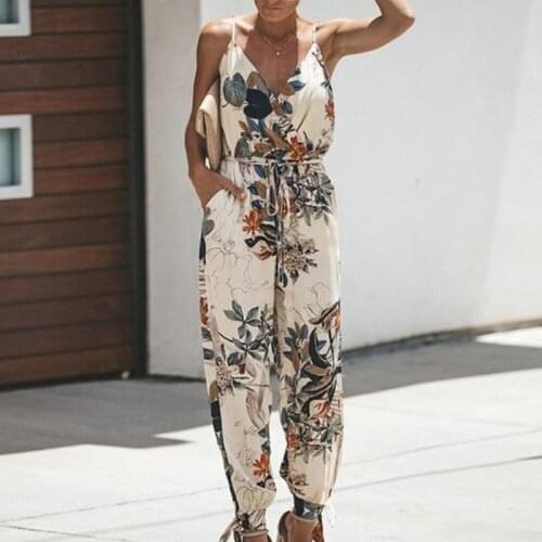Women V Neck Floral Print Jumpsuit CasualSexy Sleeveless High Waist Pockets Slim Jumpsuit Summer Beach Boho Backless Rompers