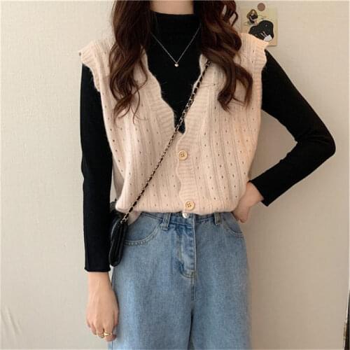 Summer Fall Short Hollow Knit Sweater Vest Women New Korean Style Lazy Loose Waistcoat Outer Wear Cardigan Casual Tank Tops M46
