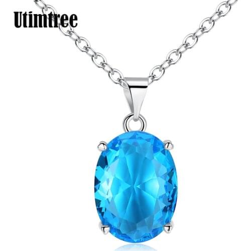 Utimtree Simple Skyblue Oval Silver Crystal Necklaces Wedding Bridal Jewelry Women Pendant Charm Necklace Chain Collier Femme