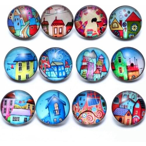 12pcs/lot Fairytale Town Theme Glass Charms 18mm Snap Button Jewelry For 18mm Snaps Bracelet Snap Jewelry KZ0683