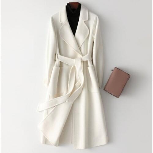 2020 Autumn Women White Double-faced Cashmere Coat Winter High Quality Fashion Elegant Mid-length Over The Knee Woolen Coat Z562