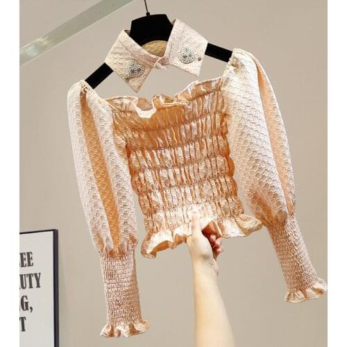 Sexy Blouse Women New Beaded Diamond Bow Tie Off-Shoulder Puff Sleeve Pleated Shirt Slimming Short Blouses Blusas Crop Top