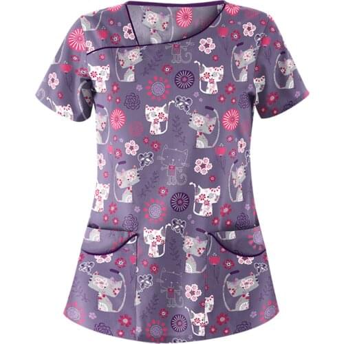 Women Cute Cartoon Print Scrubs Tops Working Uniform Blouse Women Shirt Casual Scrubs Uniforms Nurse V-neck Pocket Women Clothes