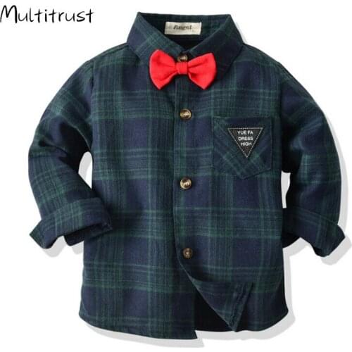 2020 Kids Boys Autumn Shirts Tops Long Sleeve Plaid Single Breasted Turn Down Collar Shirts Tops 1-7Y