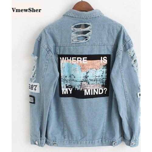 VmewSher New Women Frayed Denim Bomber Jacket Appliques Print Where Is My Mind Lady Vintage Elegant Outwear Autumn Fashion Coat