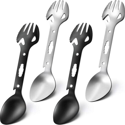 8 in 1 Camping Spork Stainless Steel Spoon Fork Knife Can Bottle Opener Serrated Wrench Harpoon Hanging Hole Flatware for Hiking