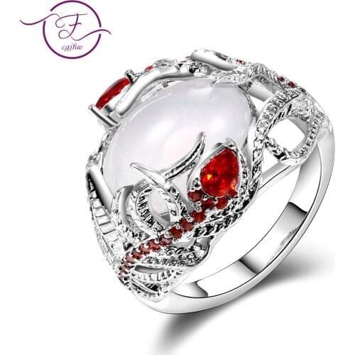 Fashion Creative Moonstone Feather Bezel Settiing Rings For Women Vintage Red Ruby Engagement Wedding Ring