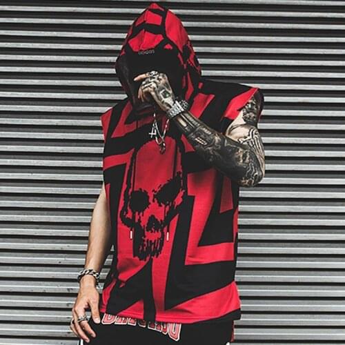 2021 skull head sleeveless T-shirt mens Hooded Sweater hip hop hip hop hip hop dance loose trend Hoodie Camisole