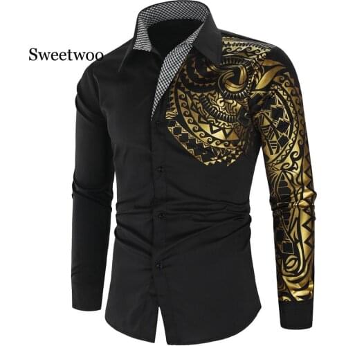 Gold Black Shirt Men New Slim Fit Long SleeveGold Black Social Men Club Prom Shirt