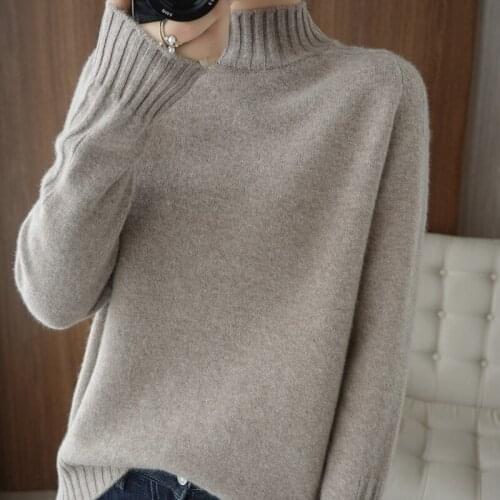 2021 new autumn and winter cashmere sweater womens half high neck solid color shoulder flower loose 100 wool knitted bottom