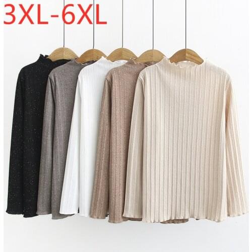New 2021 Ladies Autumn Winter Plus Size Knit Basic Tops For Women Large Long Sleeve Beige Sequins O-neck T-Shirt 3XL 4XL 5XL 6XL