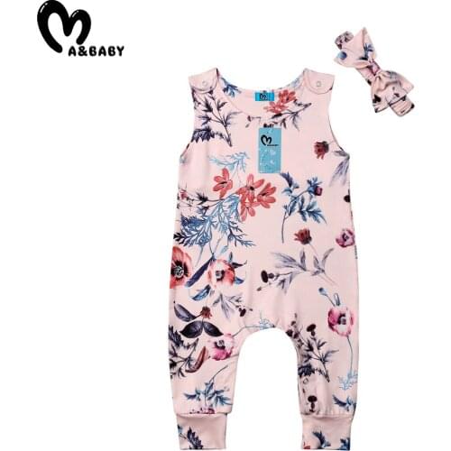 Pudcoco Infant Baby Girl Sleeveless Floral Romper Jumpsuit Headband Cotton Outfits Clothes Set 0-24M