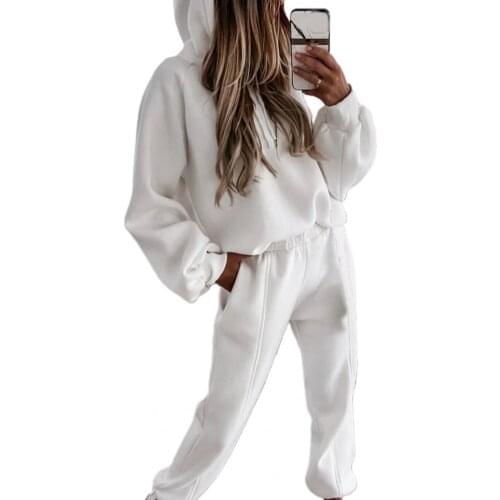 Dropshipping!! Solid Color Women Outfit Ankle Banded Two Piece Hooded Sweatshirt Pockets Pants Set Streetwear
