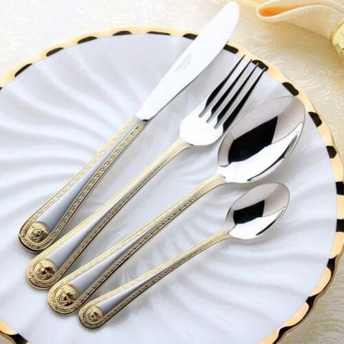 QL 4 pcs/set Vintage Western Gold Plated Dinnerware Dinner Fork Knife Set Golden Cutlery Set Stainless Steel Engraving Tableware