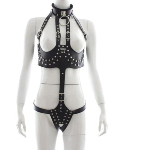 Sexy Wear Nail Black Leather Fetish Open Crotch Breast Exposed Outfit Bondage Restraints Adult Games Sex Toys Products PG0184