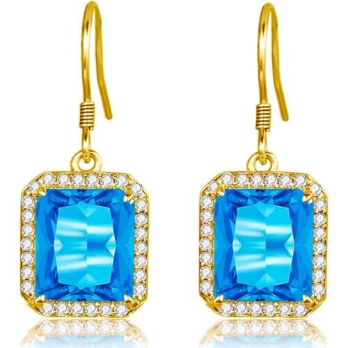 Drop Earrings Gold 18K Blue Topaz Gemstone Earrings for Women Genuine Silver 925 Jewelry Fine Earrings Bridal Wedding Jewellery