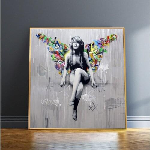 Modern Graffiti Art Canvas Paintings "Girl With Wings" Posters and Prints Wall Art Picture for Living Room Home Cuadros Decor