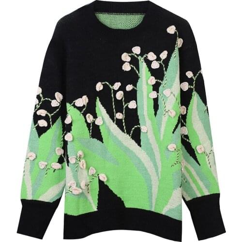 2021 New Hand Crochet 3D Floral Sweater Oversized Thick Winter Sweater Womens Pullover Sweater Color Block Sweater