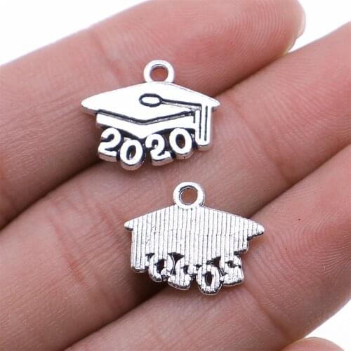 Tristana 40pcs Charms DIY Accessories 2020 Bachelor Hat Graduation Cap Diploma Pendant Antique Silver Color 14x17mm