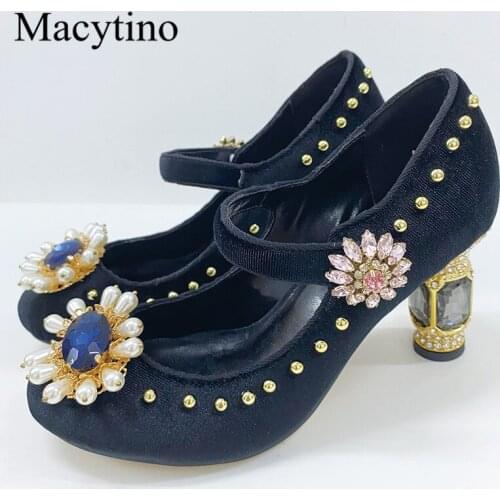 Diamond decoration ladies high heels round toe with flowers thick heel high heels fashion party high heels