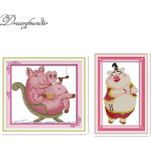 Cozy pig dad cross stitch kit aida 14ct 11ct count printed canvas stitches embroidery DIY handmade needlework