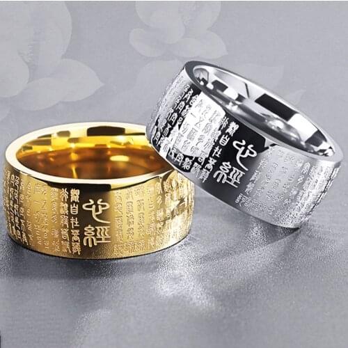 Mens Vintage Buddhism Heart Sutra Signet Faith Thumb Ring Retro Rimbuu Sutra Mantra Runes Amulet Rings For Men On Fingers