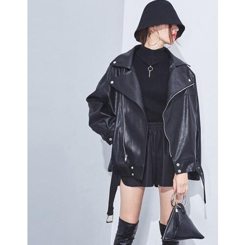 Spring Autumn Chic Loose Desigen Zipper MotoBike Belt BF Long 2020 Women Lady Pu Leather Jacket