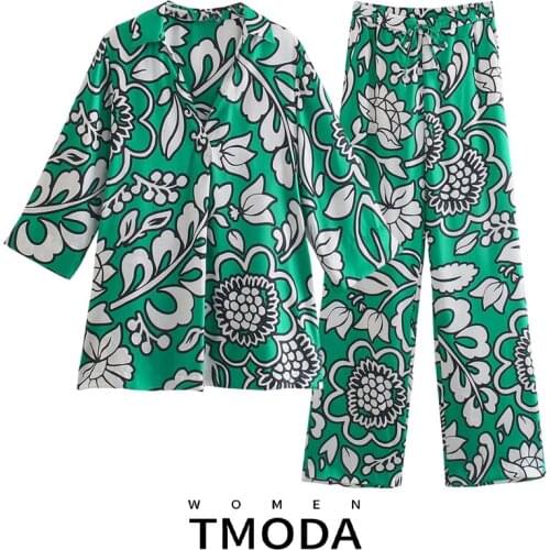 TMODA1873 ZA Two Piece Suit Set 2021 Summer Women Soft Green Floral Printed Long Sleeve Shirts Female Casual Long Pants Outsuits