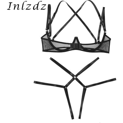 Womens Erotic Lingerie Open Crotch Hot Lingerie Bra Underwear Set Bandage Open Cups Hot Bra Top with Crotchless Briefs Underwear