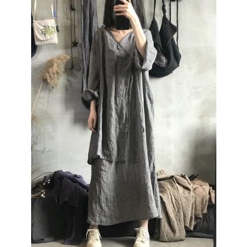 Women Loose Retro Spring Summer V Neck Linen Dress Ladies Loose Vintage Flax Dresses Female 2021 Wrinkle Dress