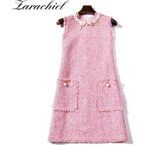 Runway Designer Women Sweet Sleeveless Diamonds Beading Pearl Pocket Tassels Dress Fall Winter Lady Tweed Wool Tank Mini Dress