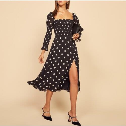Woman Dress 2020 Spring Summer Polka Dot Elegant Vintage Dress Square Neck Tie Puff Sleeve Smocked Sexy Slit Chiffon Midi Dress