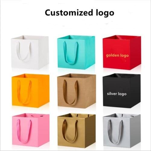 100pcs Custom Logo Square Paper Bag Personalized Gift Packaging Bag With Handle One Color Logo On one side
